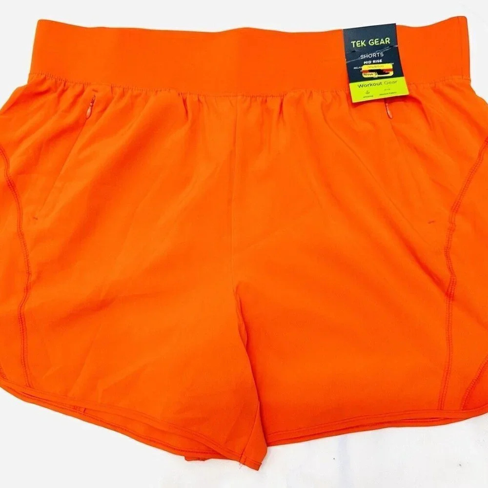 NWT TEK GEAR Women Mid Rise Drawstring Pockets Workout Orange Shorts Plus Sz 1X